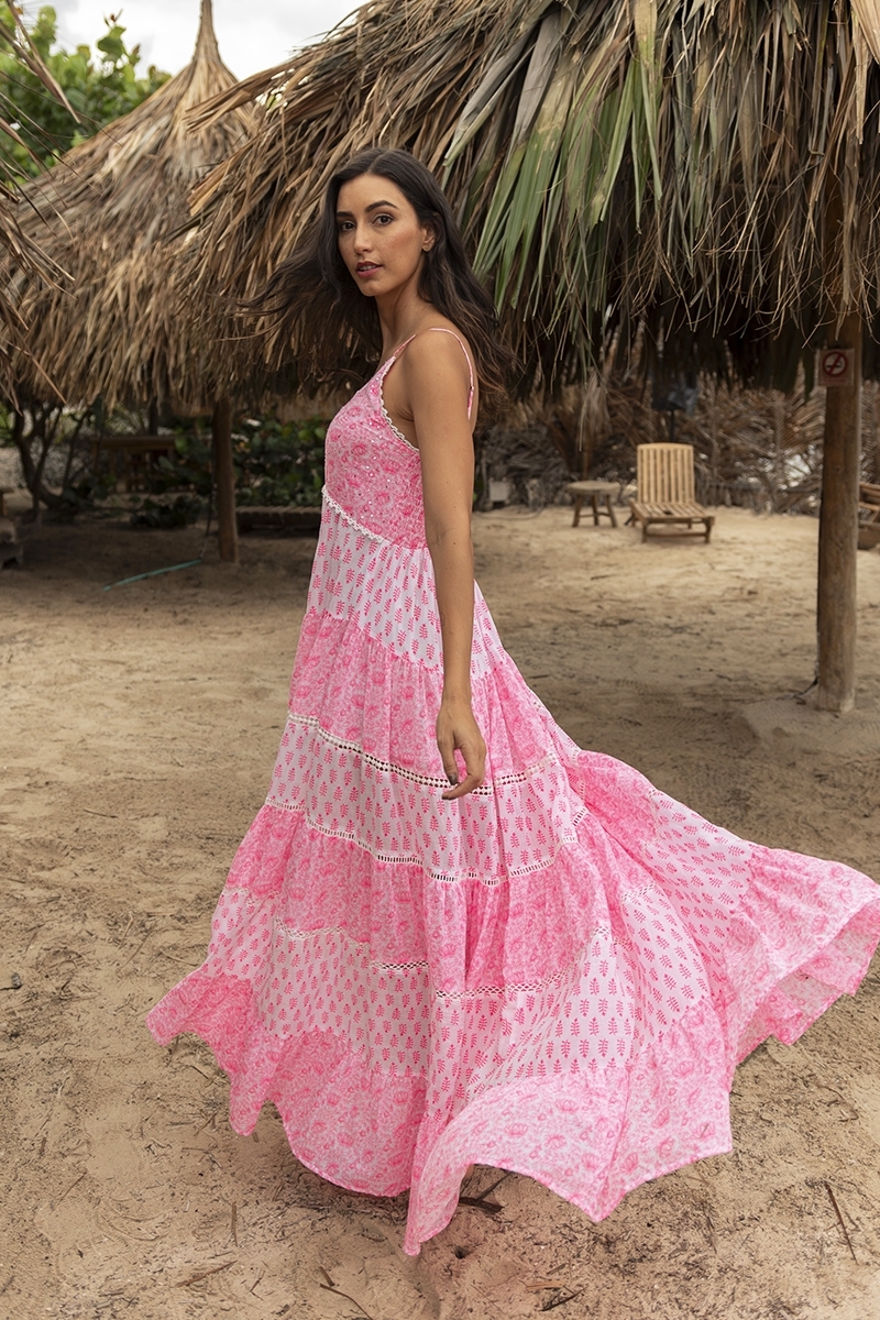 Robe longue Dayana - florale et ajustable - blanche / rose neon - Miss June Paris - 2