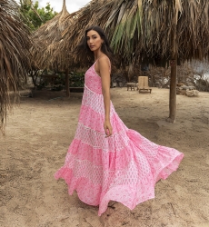 Robe longue Dayana - florale et ajustable - blanche / rose neon - Miss June Paris - 2