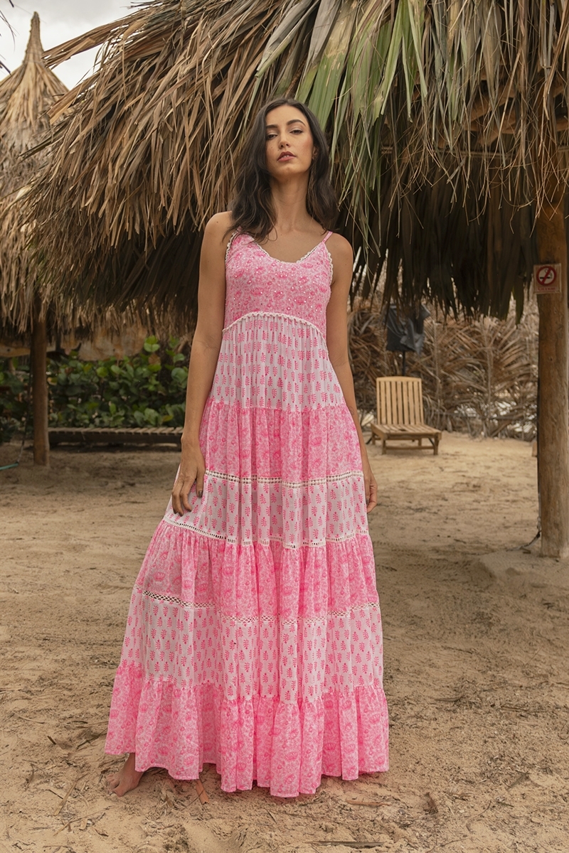 Dayana long dress - floral and adjustable - white / neon pink - Miss June Paris - 3
