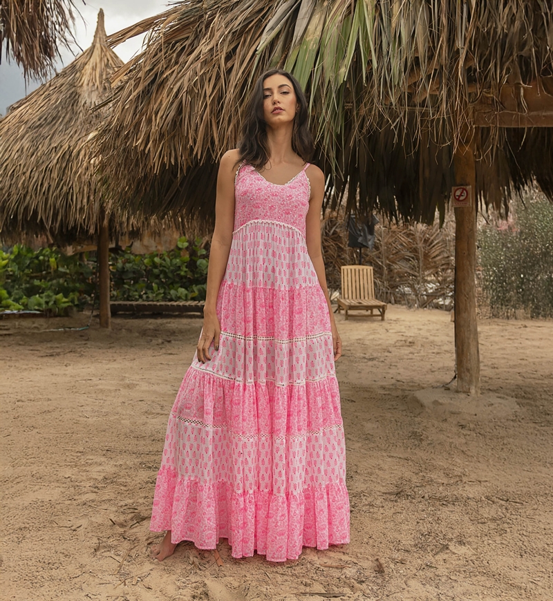 Robe longue Dayana - florale et ajustable - blanche / rose neon - Miss June Paris - 3