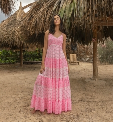 Vestido largo Dayana - floral y ajustable - blanco / rosa neón - Miss June Paris - 3