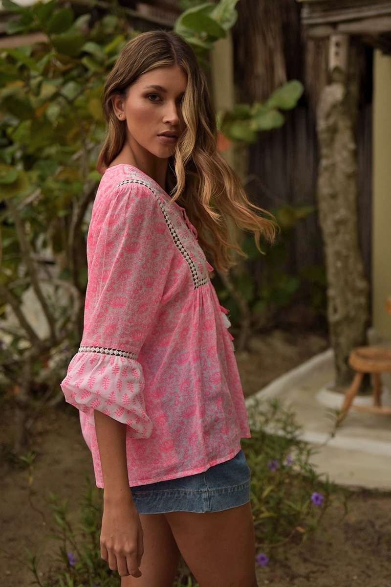 Sieralia blouse - neon pink - adorned with sequins and lace - sequined bib - long sleeves - Miss June Paris - 3