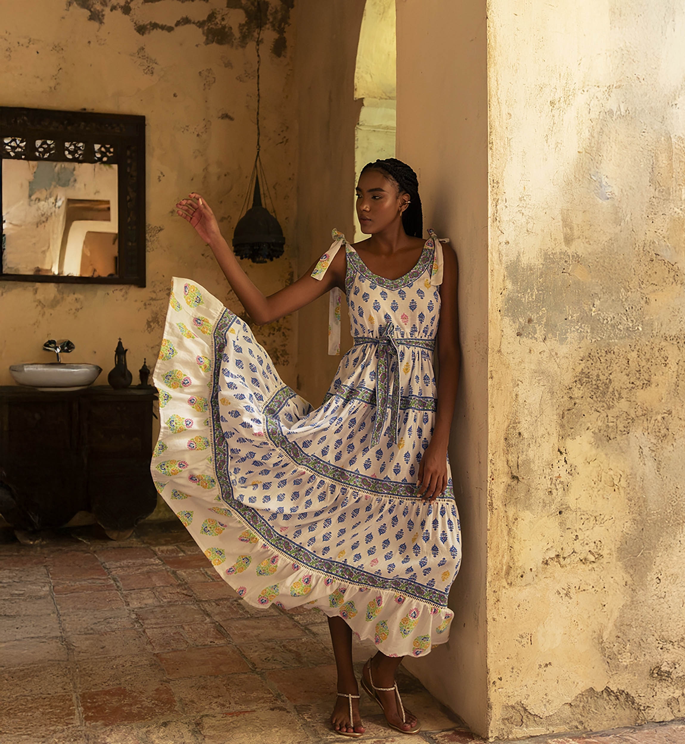 Paulina long dress - white - blue, yellow and pink prints - adjustable straps - Miss June Paris - 2