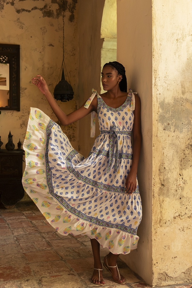 Paulina long dress - white - blue, yellow and pink prints - adjustable straps - Miss June Paris - 2