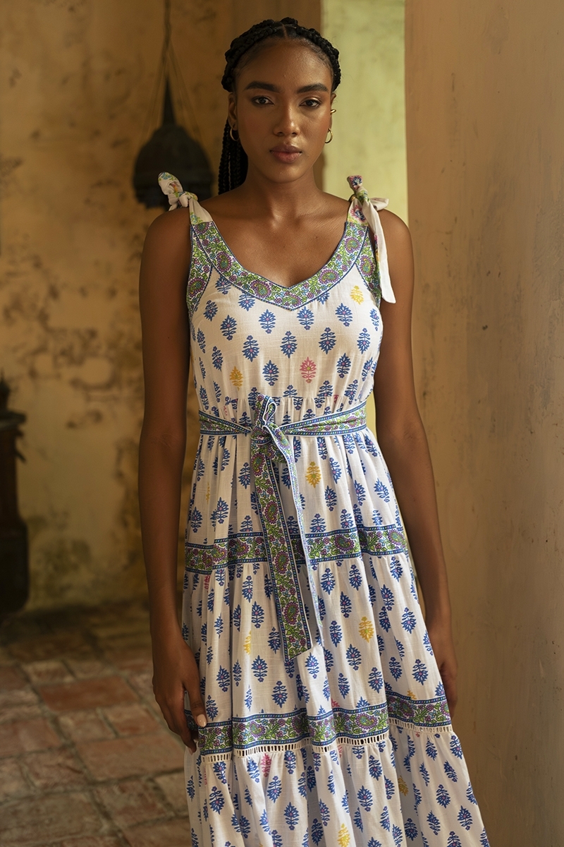 Paulina long dress - white - blue, yellow and pink prints - adjustable straps - Miss June Paris - 3