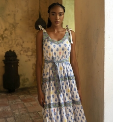 Paulina long dress - white - blue, yellow and pink prints - adjustable straps - Miss June Paris - 3