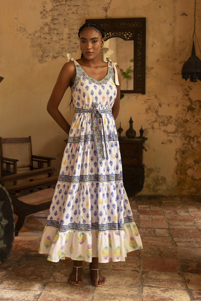 Paulina long dress - white - blue, yellow and pink prints - adjustable straps - Miss June Paris - 1