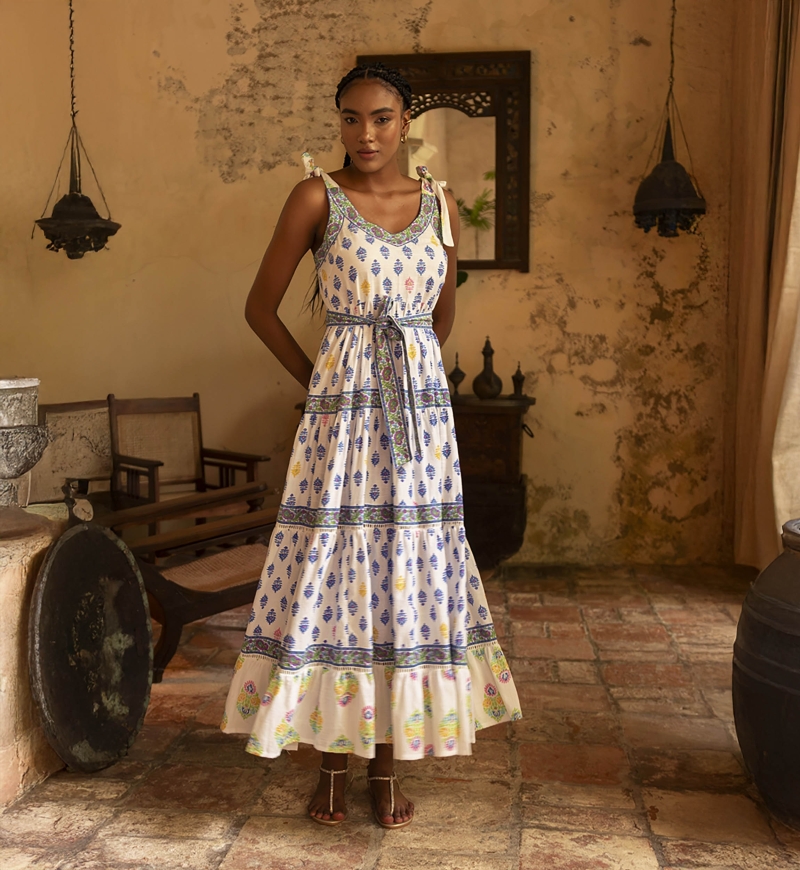 Vestido largo Paulina - blanco - estampado azul, amarillo y rosa - tirantes ajustables - Miss June Paris - 1