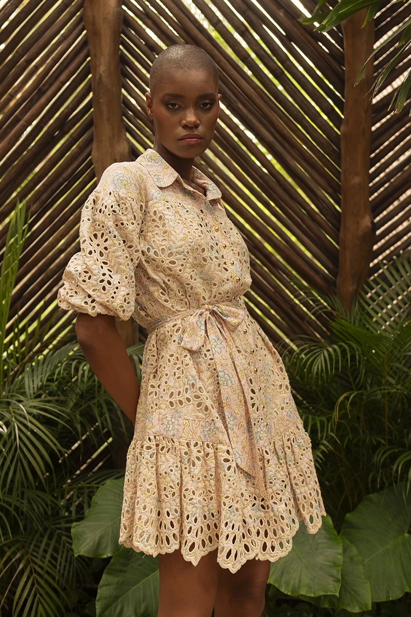 Teodora short dress - pink embroidery - floral print - 3/4 puff sleeves - matching belt - Miss June Paris - 2