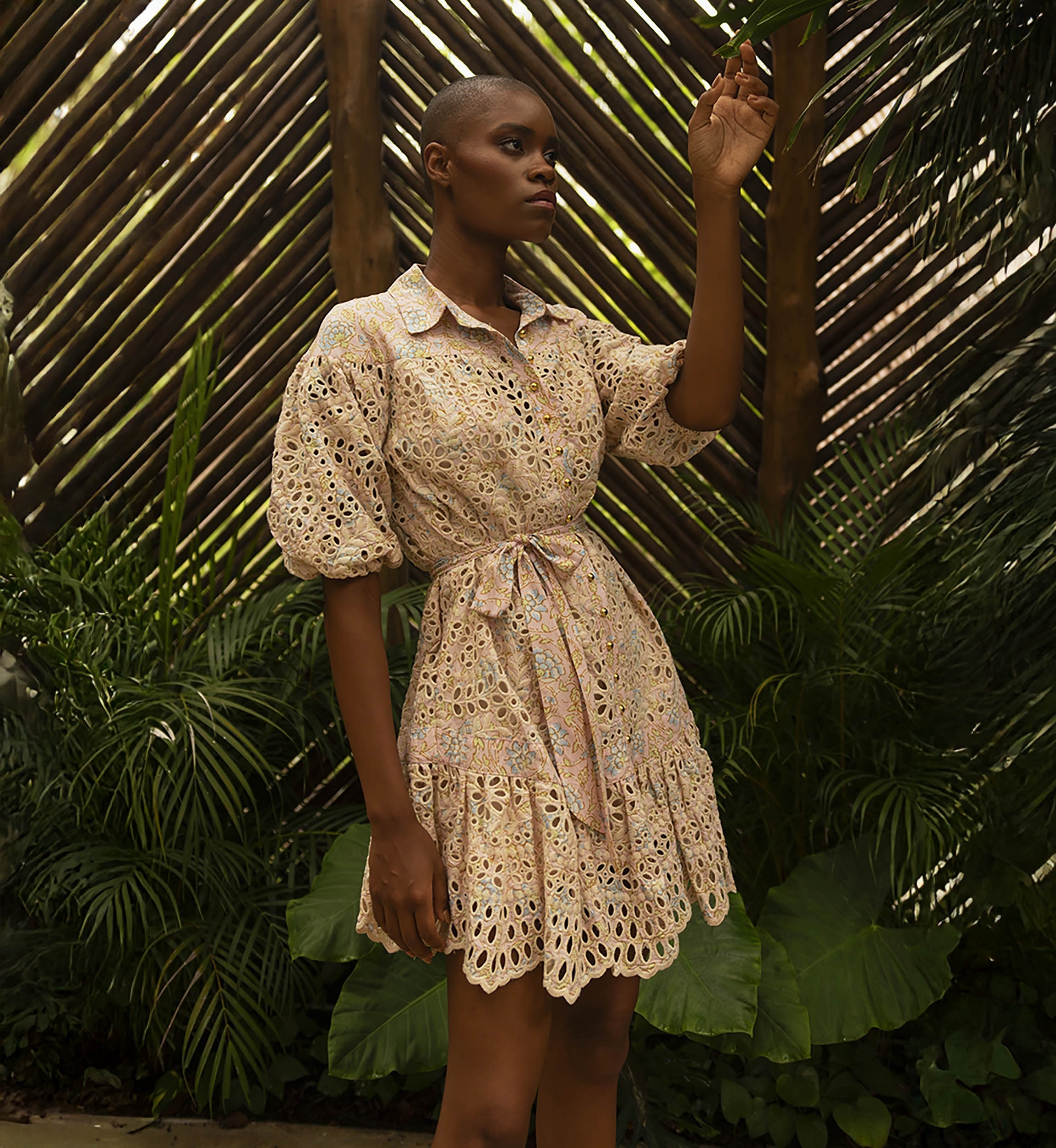 Teodora short dress - pink embroidery - floral print - 3/4 puff sleeves - matching belt - Miss June Paris - 1