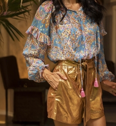 Blouse Renata - blouse bleue légère - imprimé cachemire rose et doré - manches longues - Miss June Paris - 2