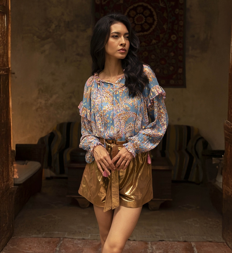 Renata blouse - light blue blouse - pink and gold paisley print - long sleeves - Miss June Paris - 3