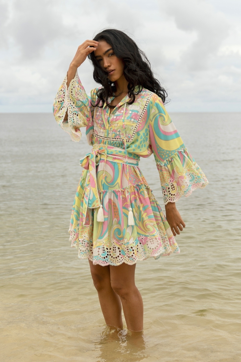 Querida short dress - pastel colors - casual style - delicately embroidered and adorned with small mirrors - Miss June Paris - 1