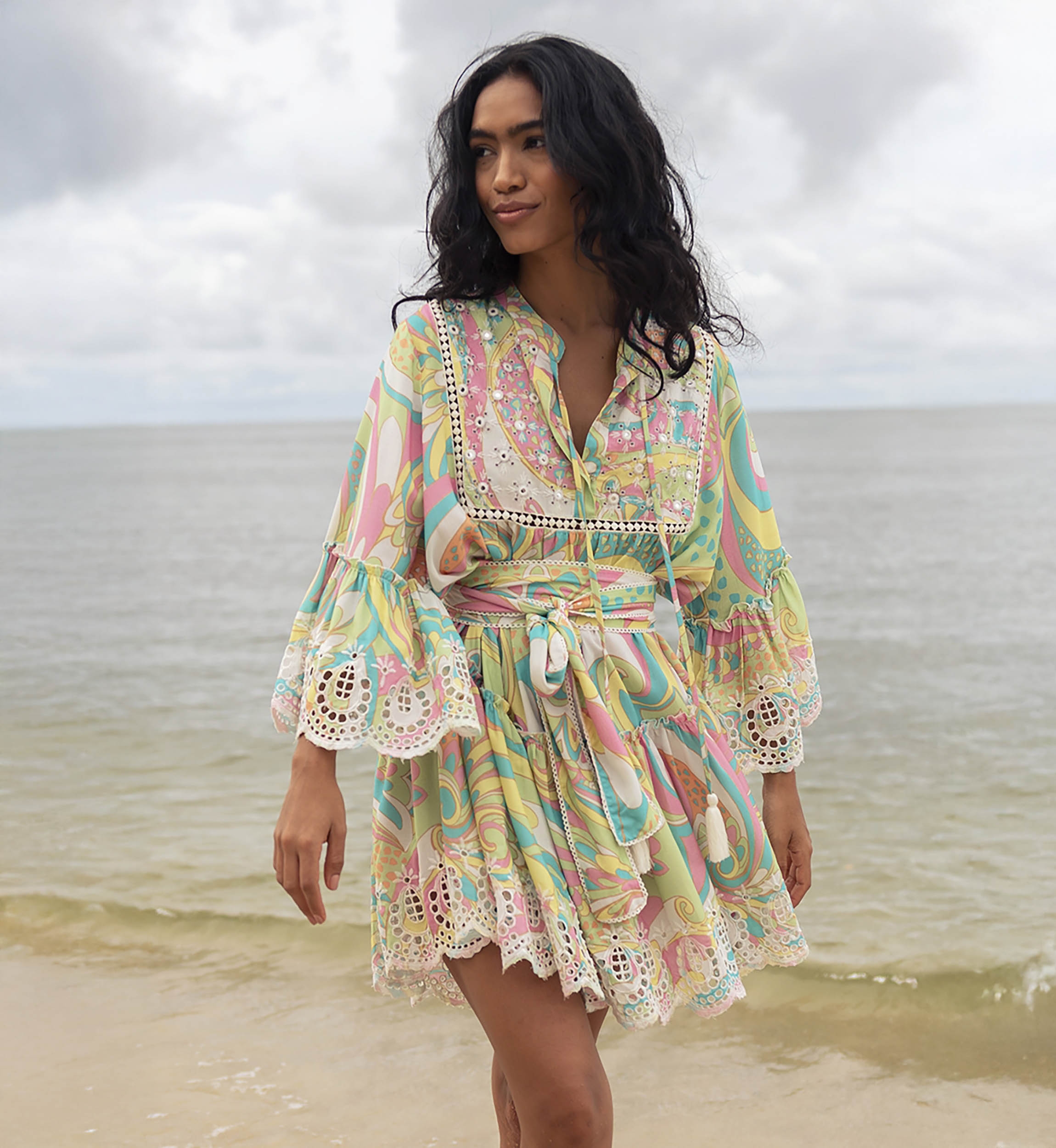 Querida short dress - pastel colors - casual style - delicately embroidered and adorned with small mirrors - Miss June Paris - 2