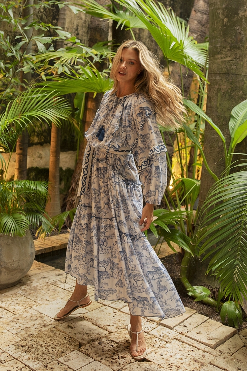 Francesca long dress - blue - savannah pattern - elegant silhouette - long sleeves - Miss June Paris - 1