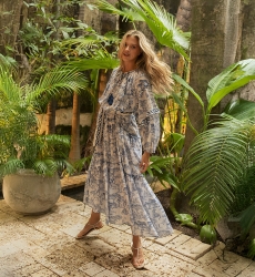 Vestido largo Francesca - azul - estampado sabana - silueta elegante - manga larga - Miss June Paris - 1