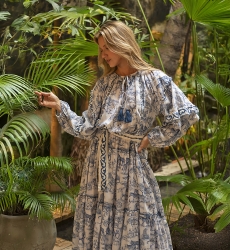 Francesca long dress - blue - savannah pattern - elegant silhouette - long sleeves - Miss June Paris - 2