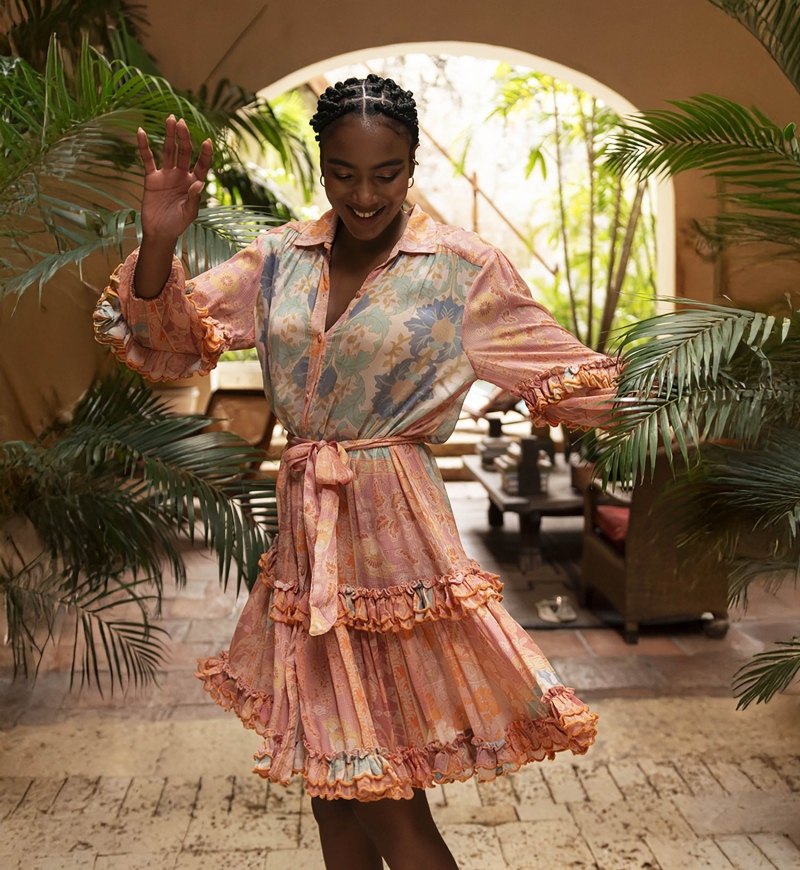 Isalia short dress - peach color - delicate look - delicate ruffles - long sleeves - Miss June Paris - 1