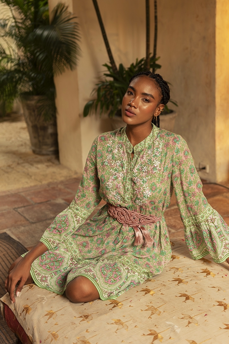 Helena short dress - pink and green - delicate floral print - embroidered details - Miss June Paris - 2