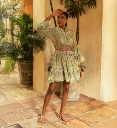 Helena short dress - pink and green - delicate floral print - embroidered details - Miss June Paris - 1