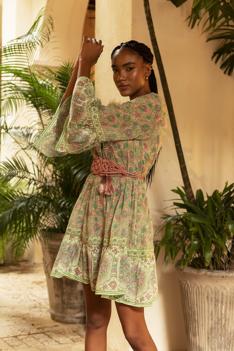 Helena short dress - pink and green - delicate floral print - embroidered details - Miss June Paris - 3