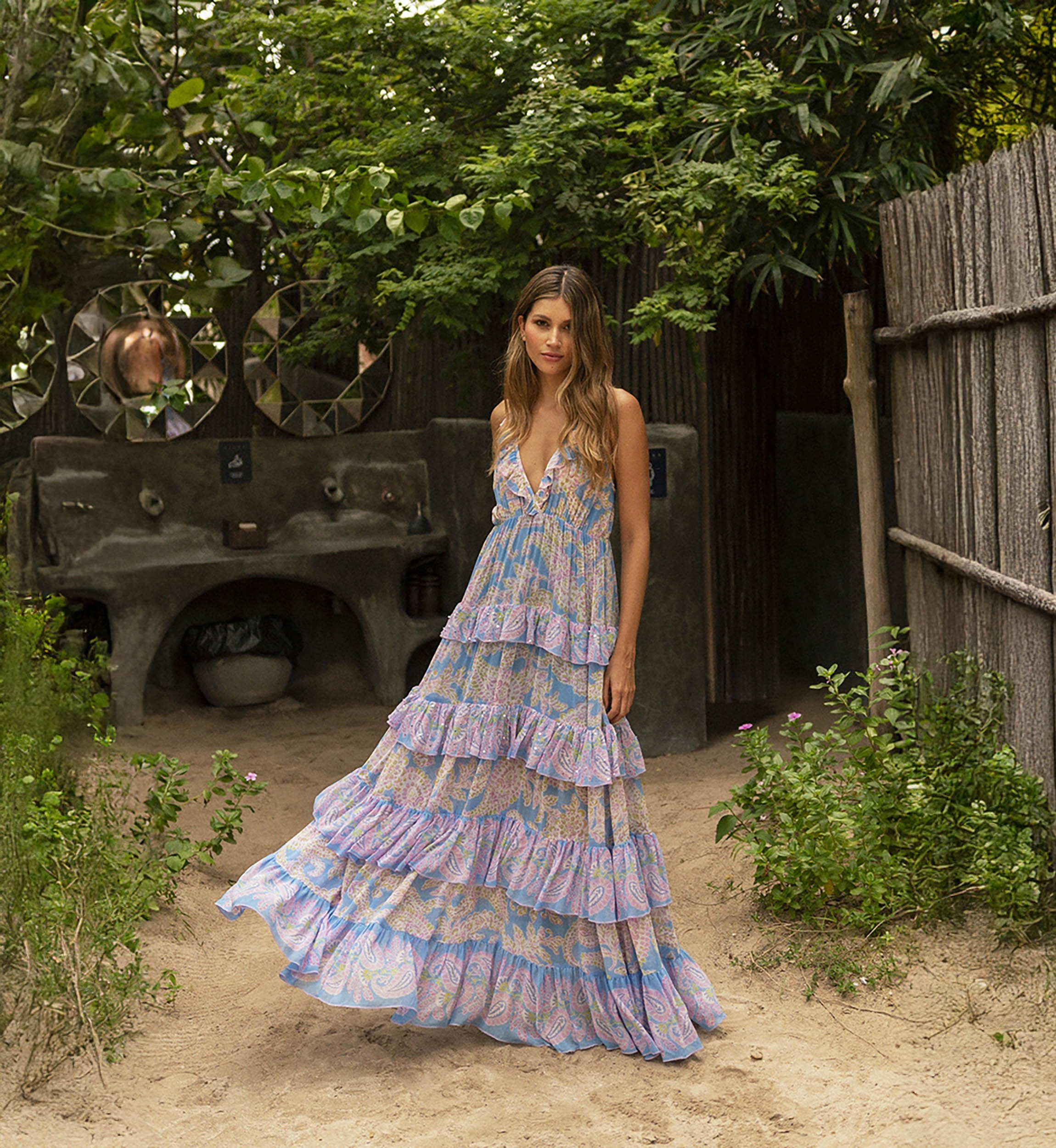 Yolanda long dress - blue - pink paisley print - adorned with delicate ruffles - discreet sequins - Miss June Paris - 2