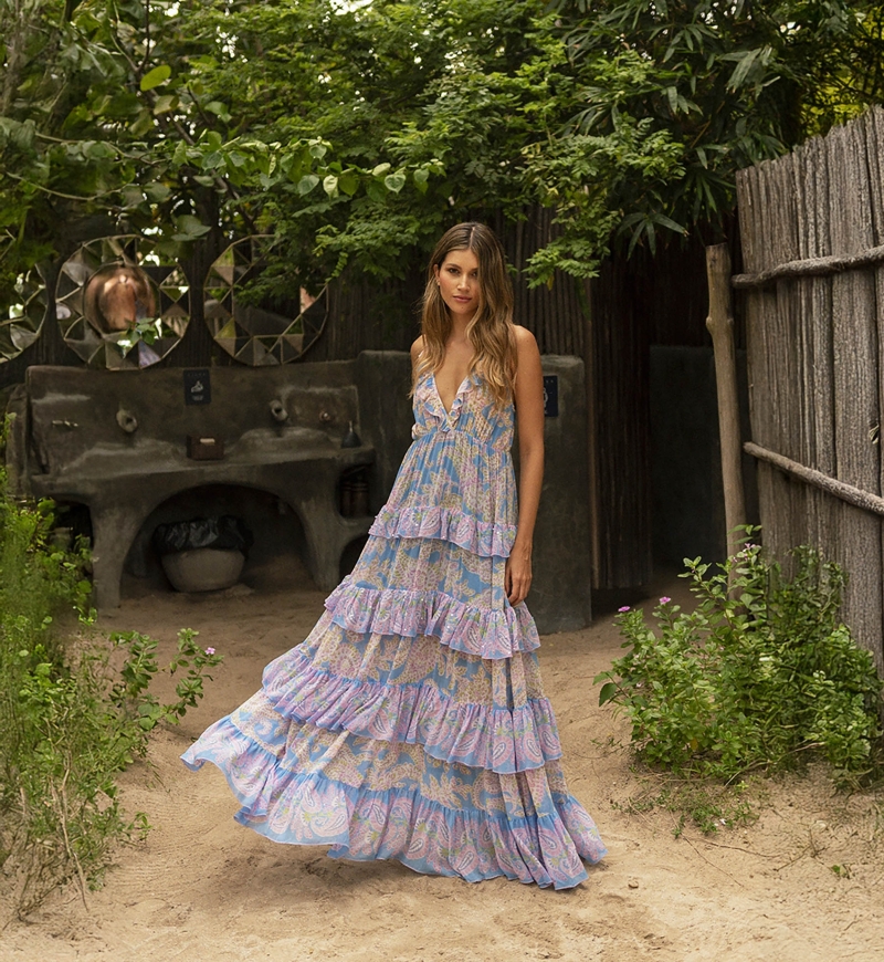 Yolanda long dress - blue - pink paisley print - adorned with delicate ruffles - discreet sequins - Miss June Paris - 2