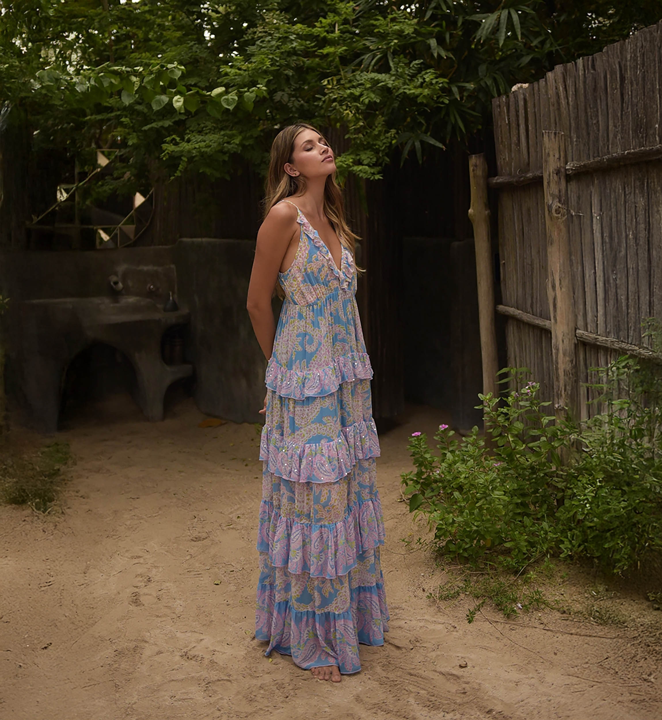 Yolanda long dress - blue - pink paisley print - adorned with delicate ruffles - discreet sequins - Miss June Paris - 3