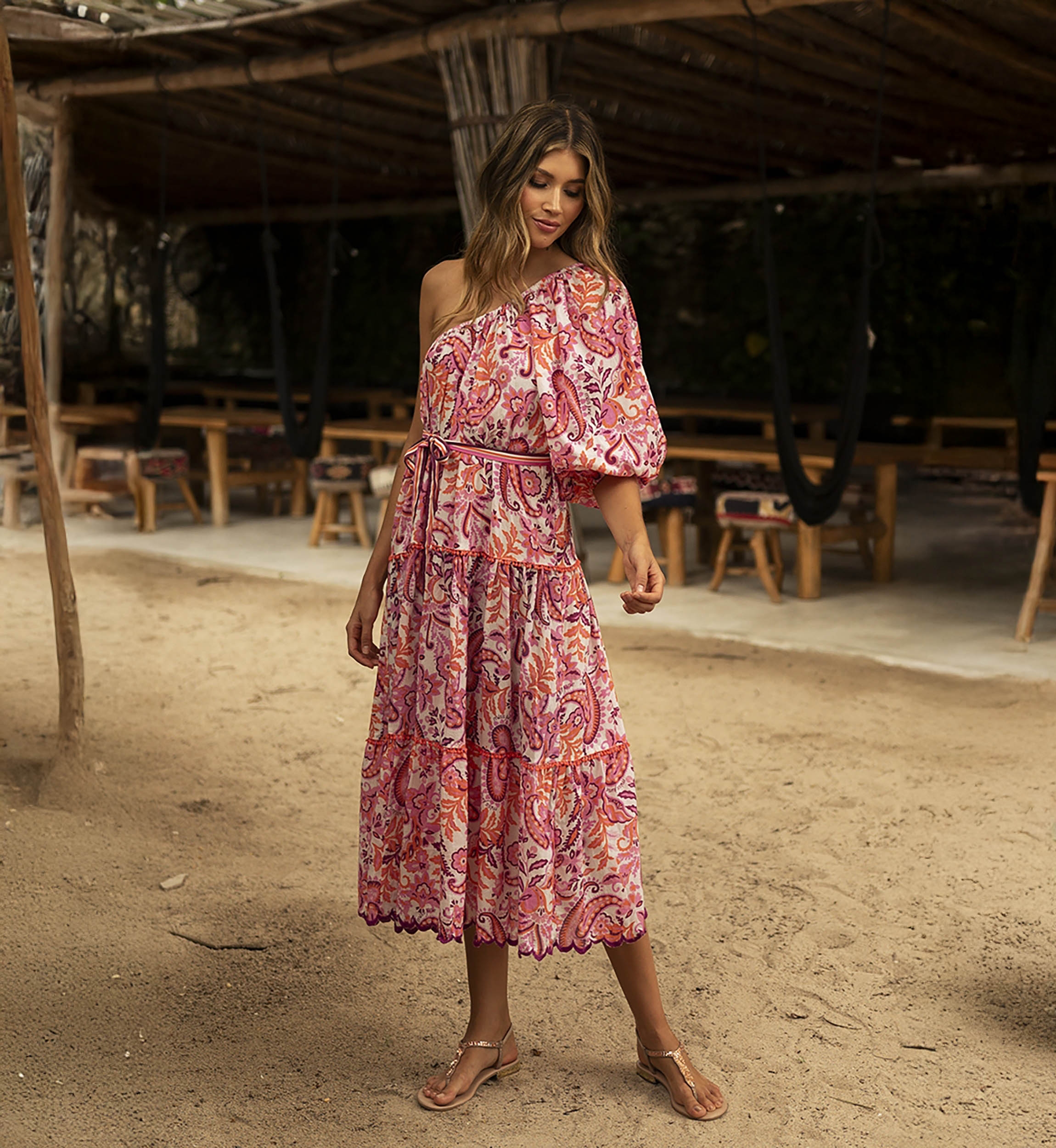 Belle long dress - boho chic style - paisley print - asymmetrical cut - one shoulder - Miss June Paris - 1