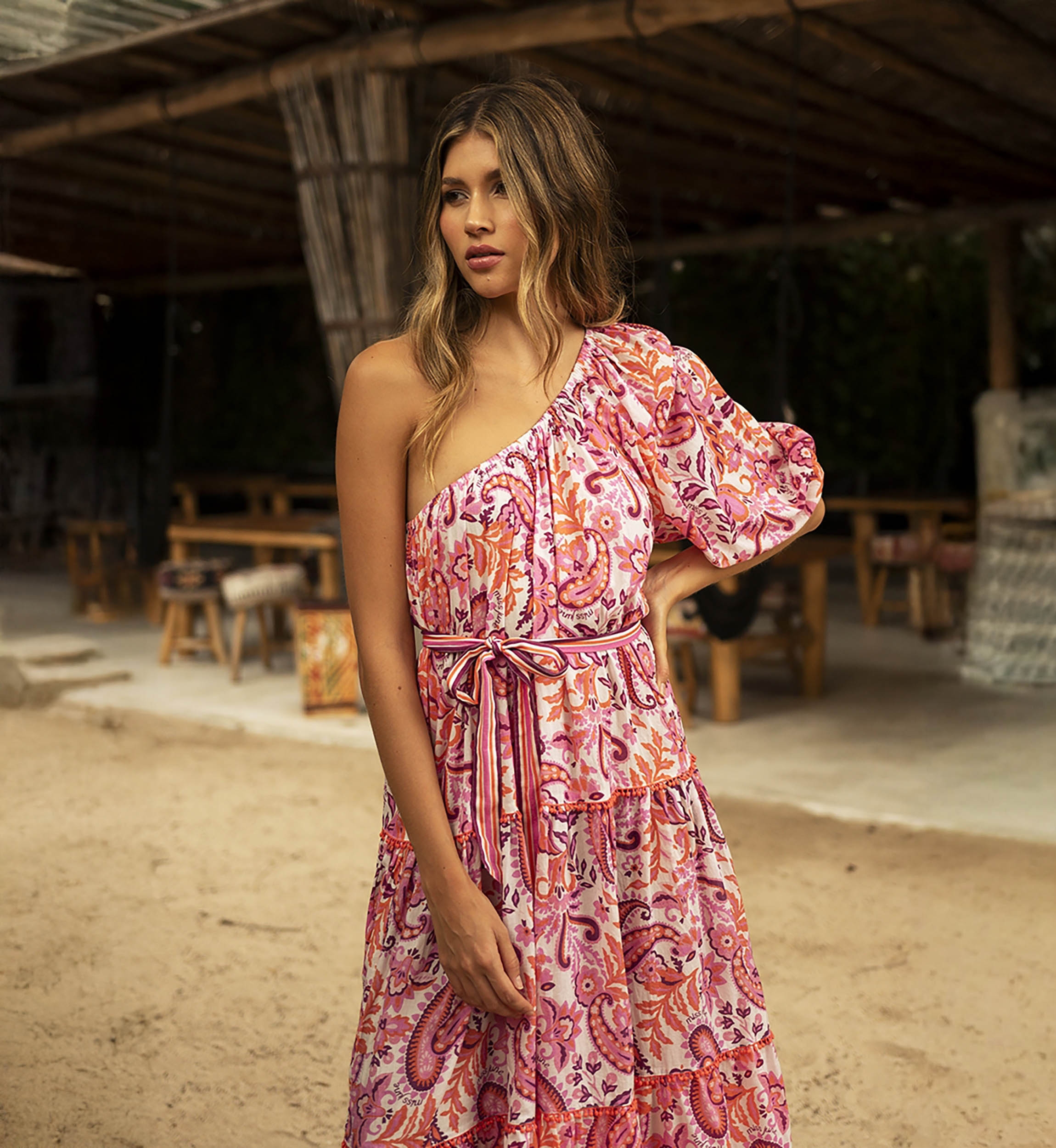 Belle long dress - boho chic style - paisley print - asymmetrical cut - one shoulder - Miss June Paris - 2