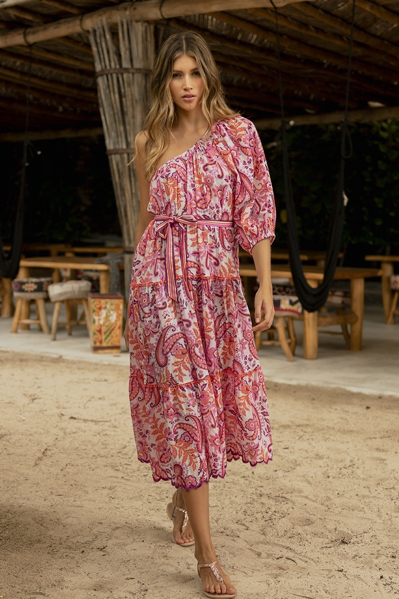 Robe longue Belle - style bohème chic - imprimé paisley - coupe asymétrique - une épaule dénudée - Miss June Paris - 3