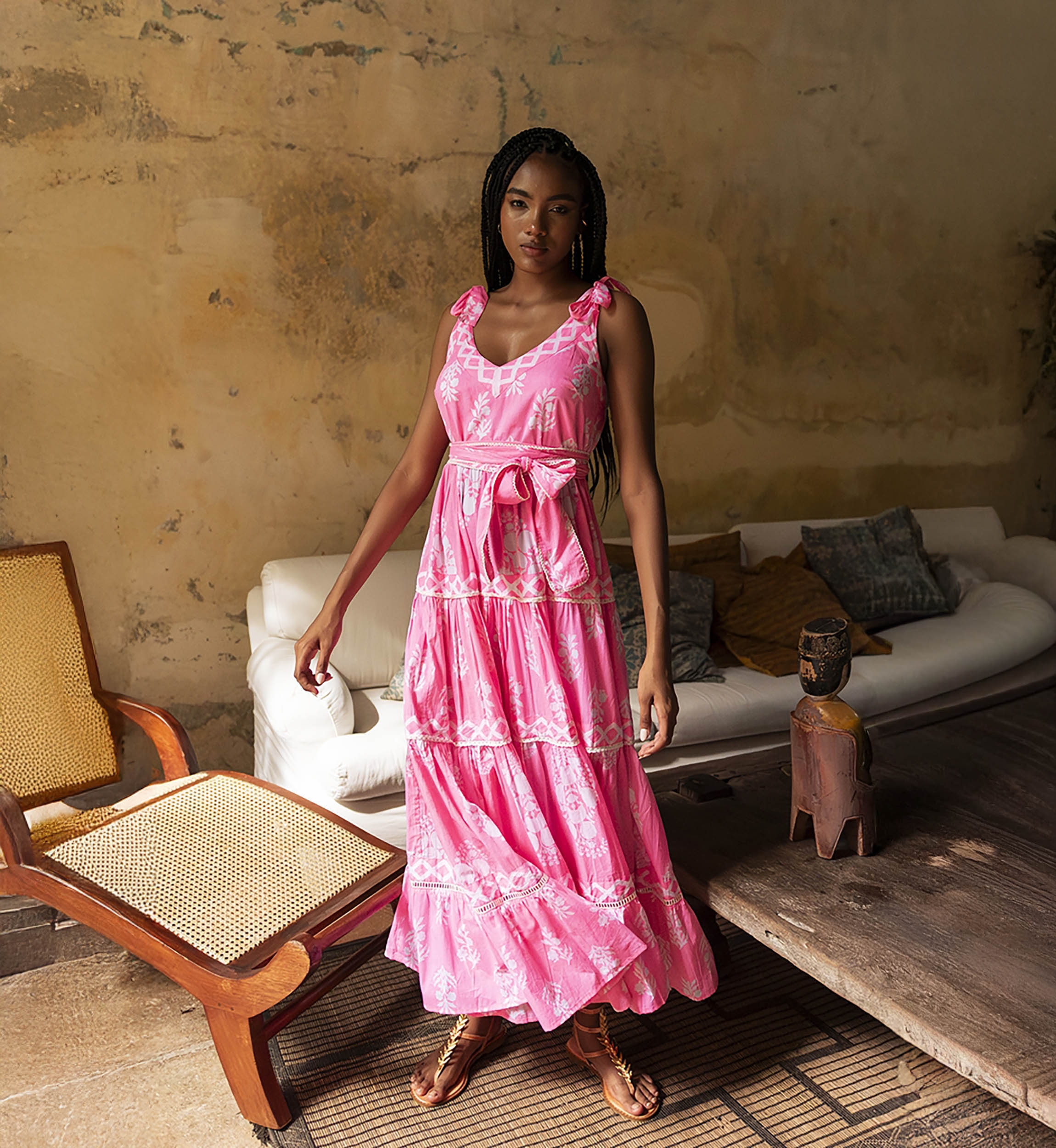 Amalia long dress - adjustable length - neon pink - bohemian print - scoop neck - Miss June Paris - 3