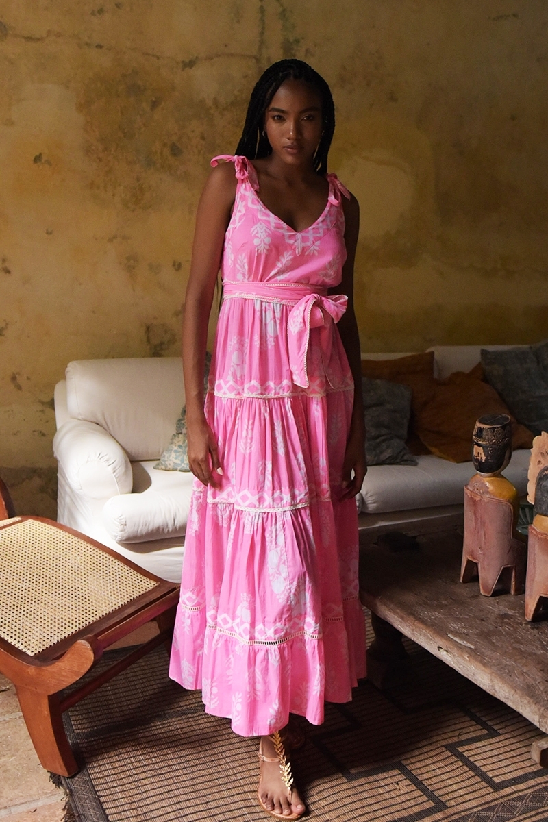 Amalia long dress - adjustable length - neon pink - bohemian print - scoop neck - Miss June Paris - 2