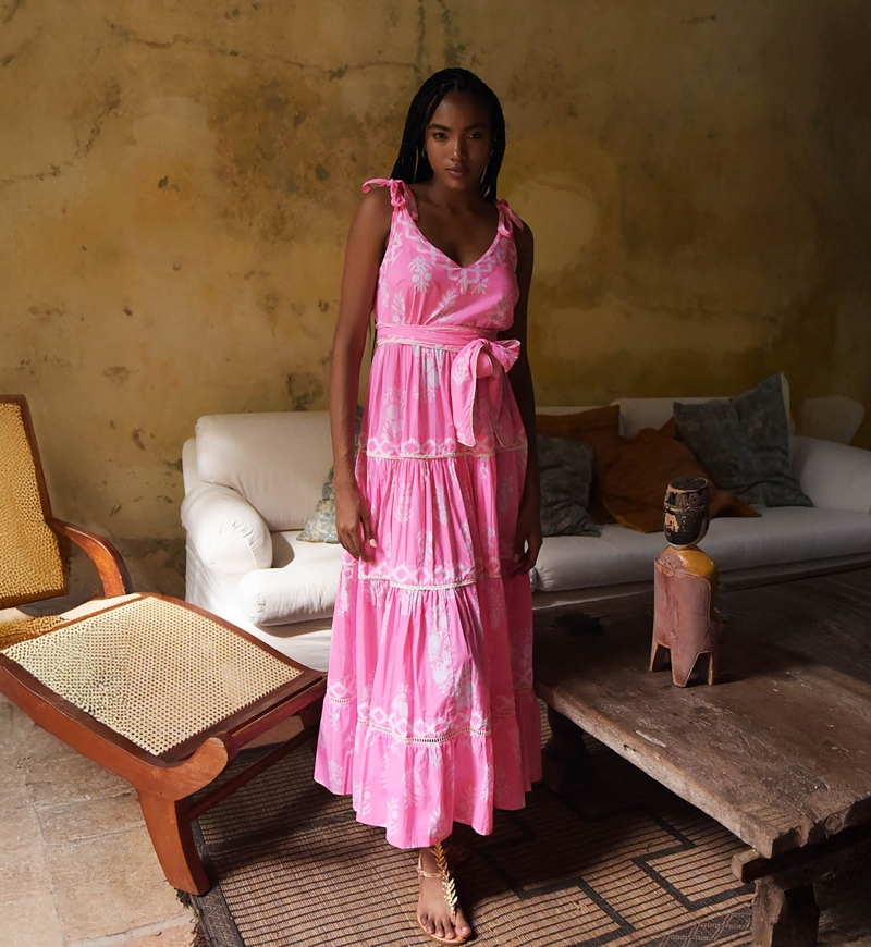 Robe longue Amalia - longueur ajustable - couleur rose neon - imprimé bohème - col dégagé - Miss June Paris - 2