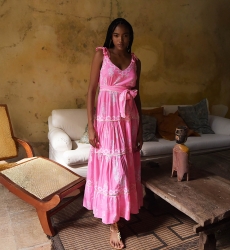 Robe longue Amalia - longueur ajustable - couleur rose neon - imprimé bohème - col dégagé - Miss June Paris - 2