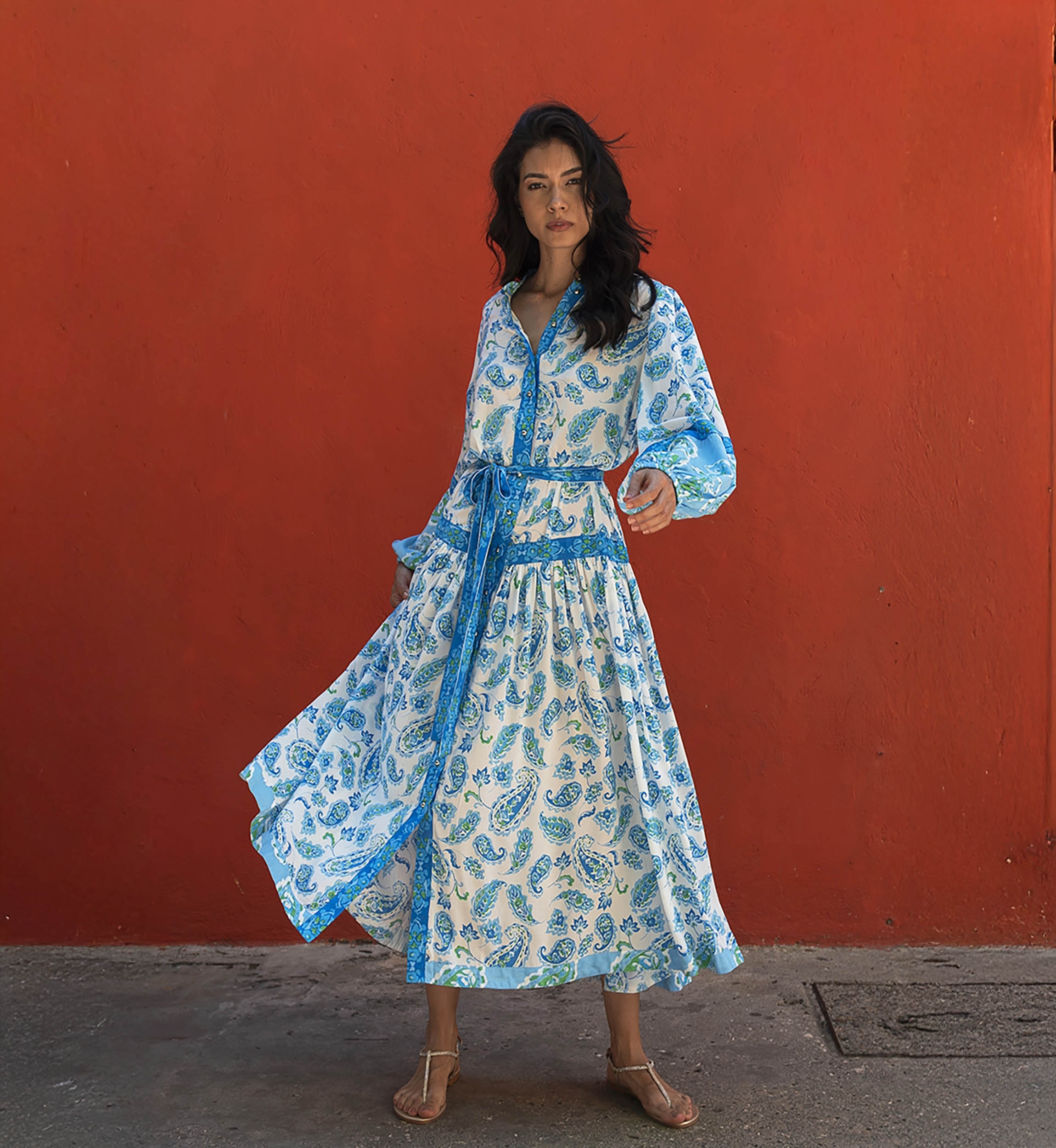 Malia long dress - blue shades - paisley print - tightened cuffs - long sleeves - Miss June Paris - 1