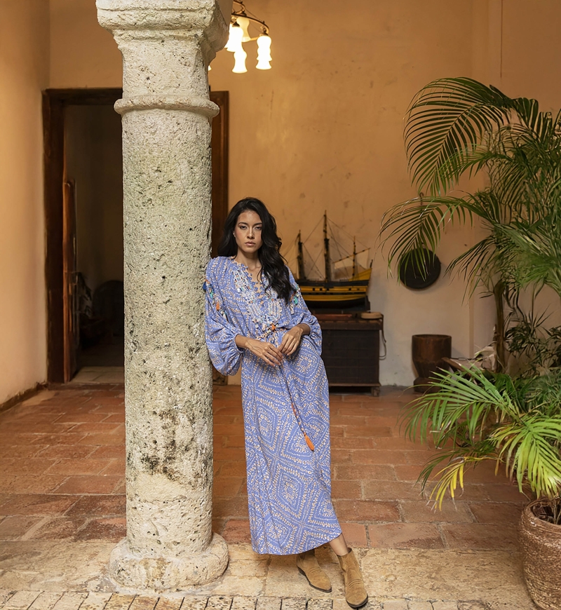 Vestido largo Alina - morado pastel - estampado original - toques de naranja encendido - manga larga - Miss June Paris - 2