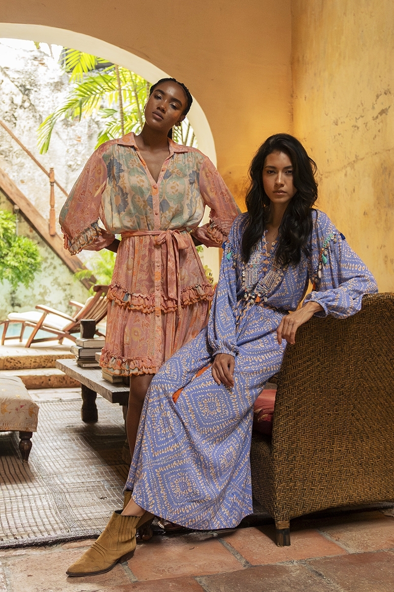 robe longue Alina - imprimé original - touches d'orange flamboyant - manches longues - Miss June Paris - 3