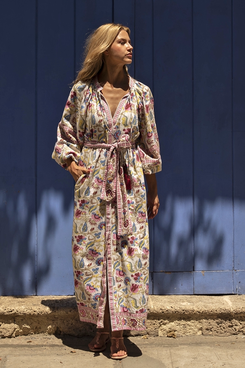 Long Dress Adriana: multicolor - floral print - long sleeves - matching belt - Miss June Paris - 2