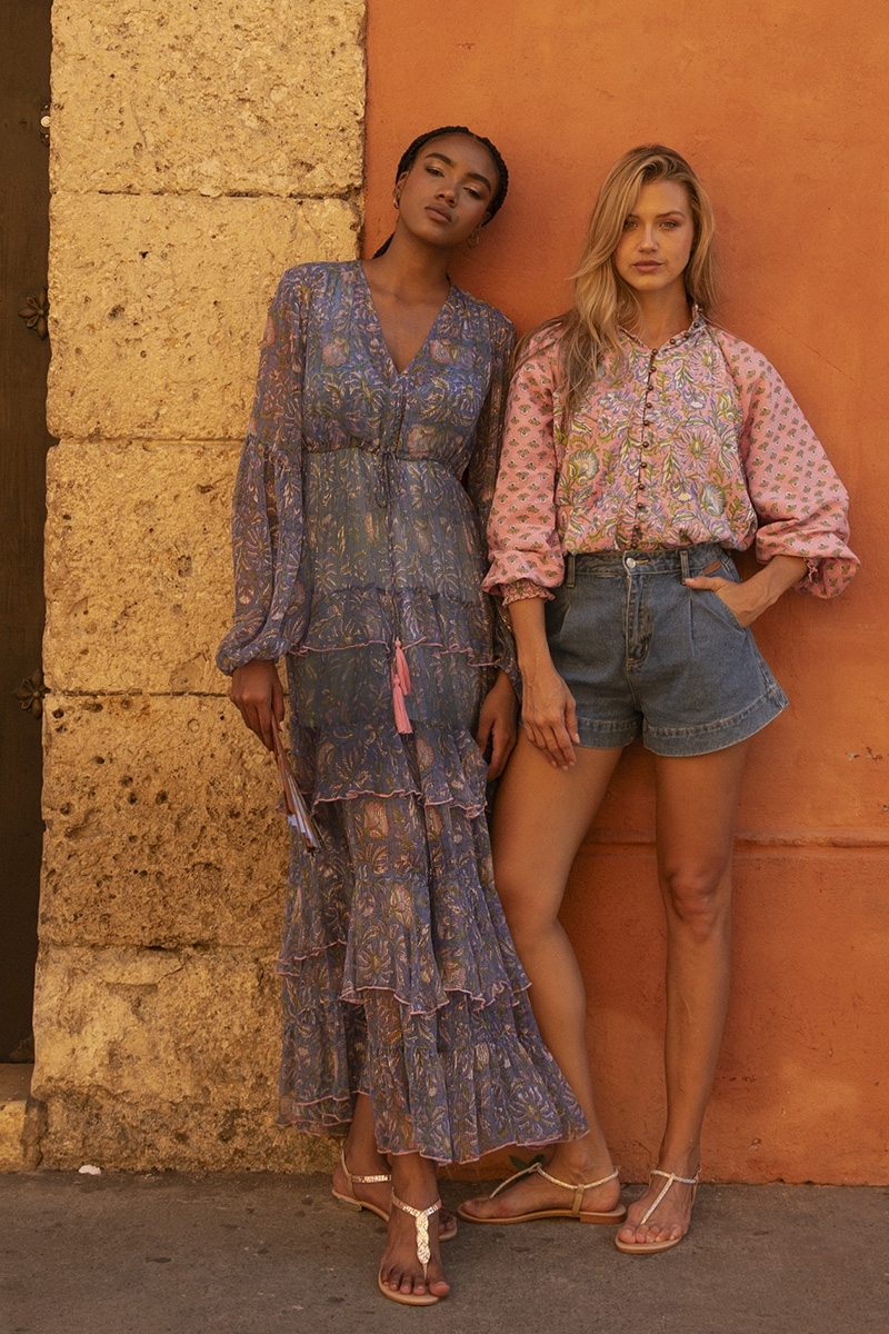 Long Dress Emilia: blue - delicate ruffles - fluid cut - silver lurex - subtle patterns - Miss June Paris - 2