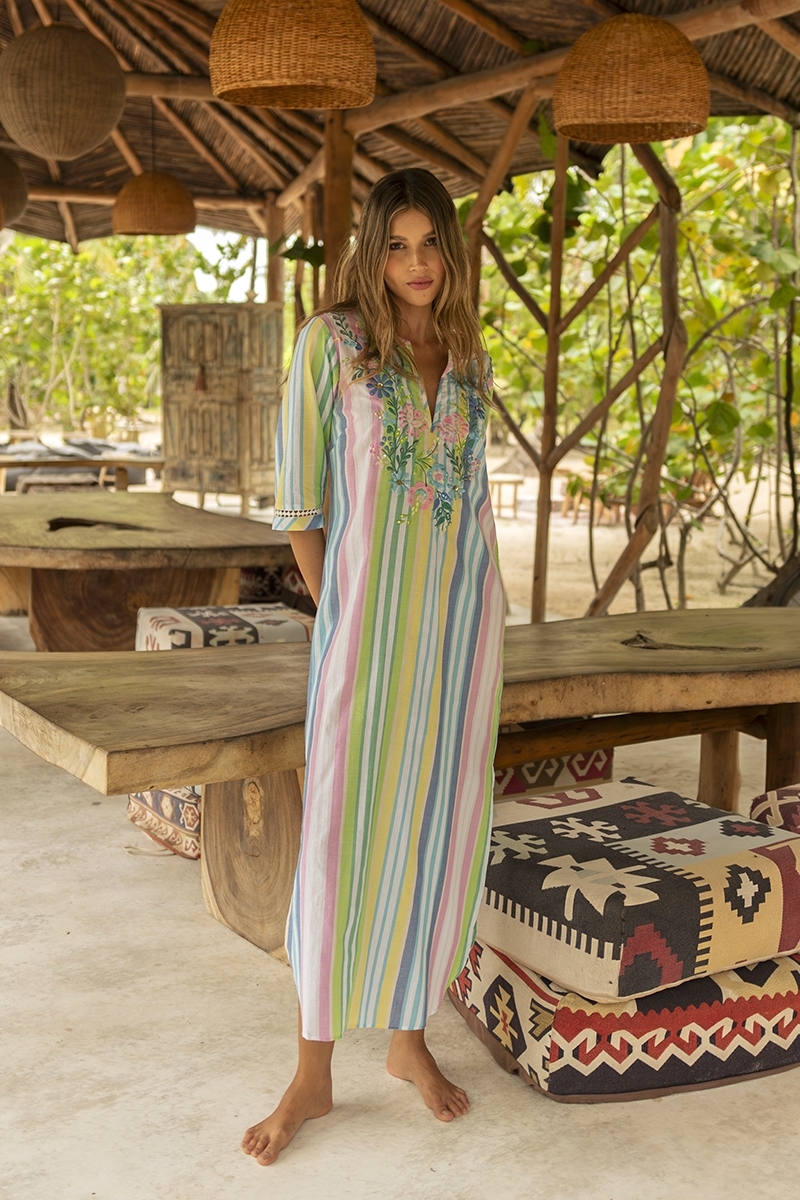 Vestido largo Daria - estampado de rayas pastel - bordado floral - Miss June Paris - 1