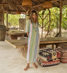 Daria long dress - pastel stripe print - floral embroidery - Miss June Paris - 1