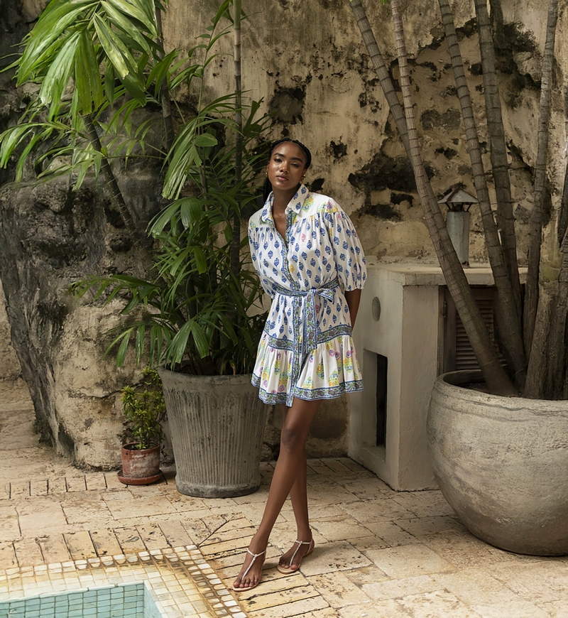 Laya short dress - white - blue, yellow and pink prints - 3/4 sleeves - Miss June Paris - 2