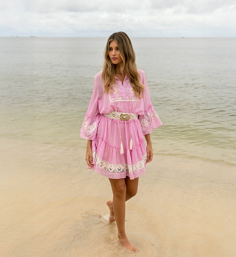 Cecilia short dress - pink with white embroidery - delicate lace - refined texture - Miss June Paris - 2