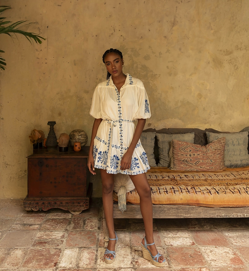 Alessia short dress - white - adorned with blue embroidery - embroidered belt - silver buttons - Miss June Paris - 2