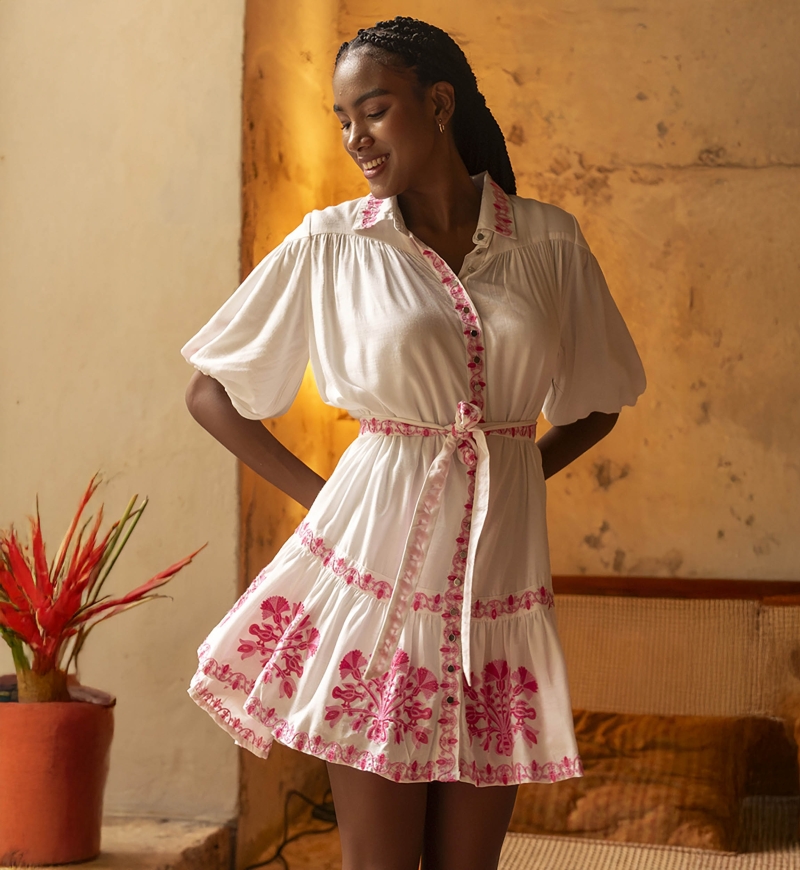 Alessia short dress - white - adorned with pink embroidery - embroidered belt - silver buttons - Miss June Paris - 1