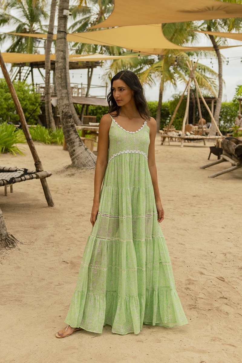 Graciela long dress - green - floral print - subtle silver touches - Miss June Paris - 1