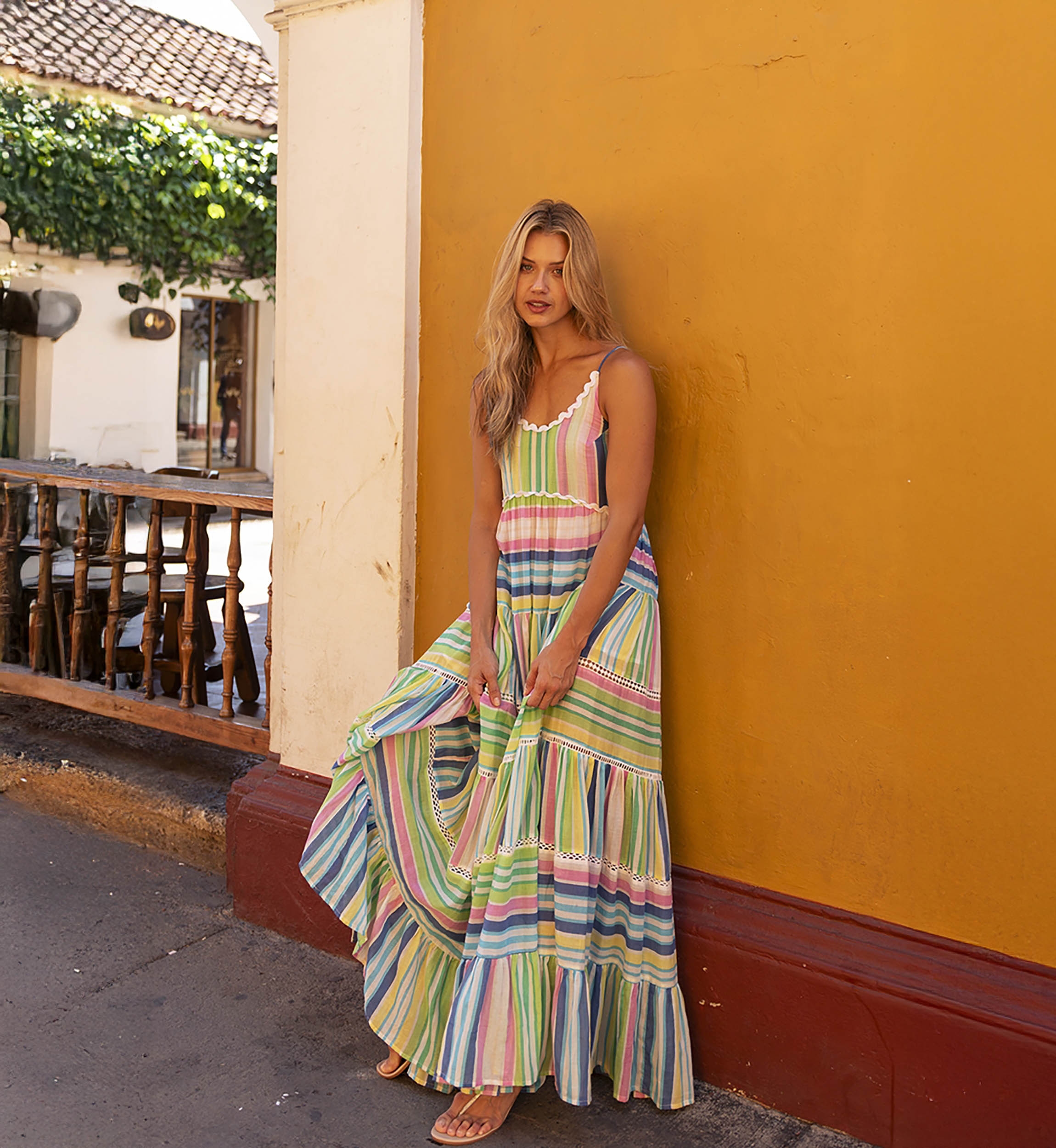 Patricia long dress - pastel - stripes print - strapless dress - Miss June Paris - 1