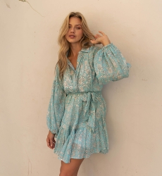 Robe courte Pia - couleur bleu - manches longues - ornée de broderies et sequins - Miss June Paris - 1