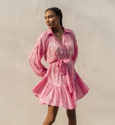 Robe courte Pia - couleur rose - manches longues - ornée de broderies et sequins - Miss June Paris - 3